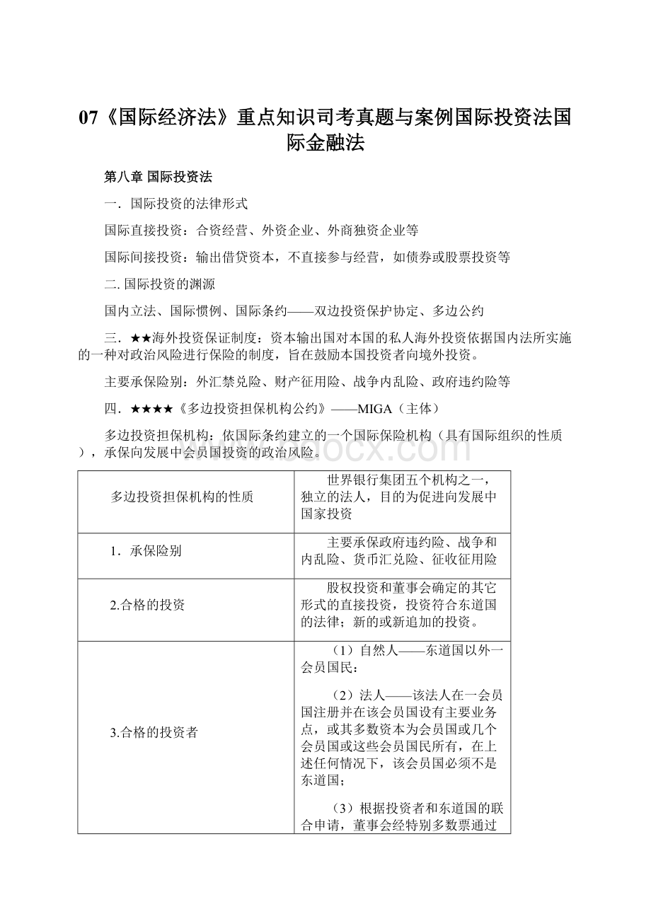 07《国际经济法》重点知识司考真题与案例国际投资法国际金融法.docx