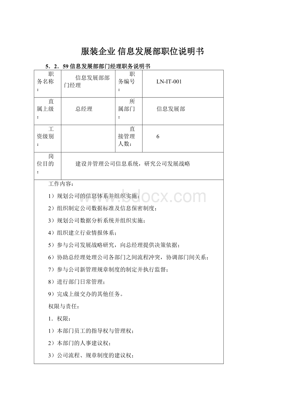 服装企业信息发展部职位说明书.docx_第1页