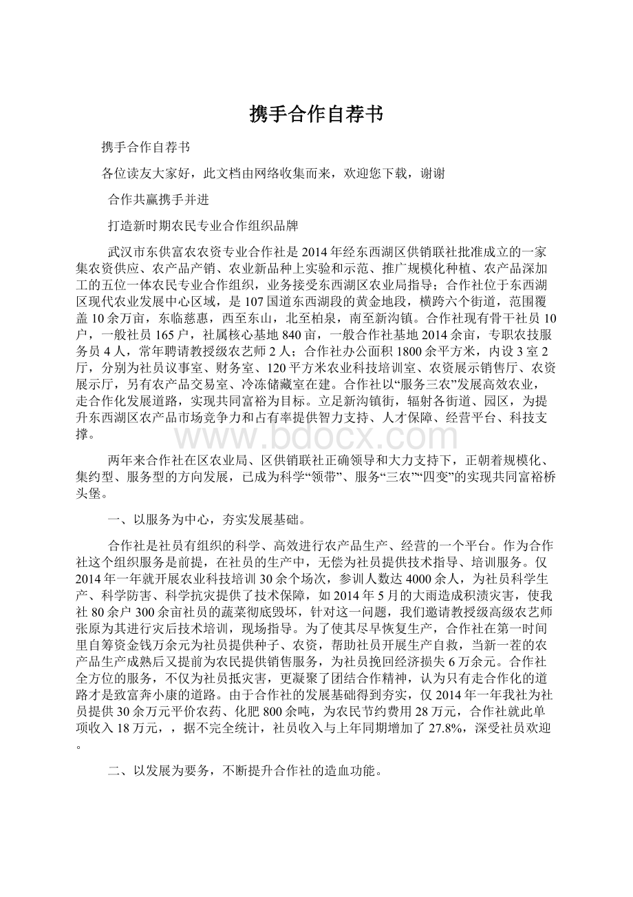 携手合作自荐书Word格式文档下载.docx_第1页