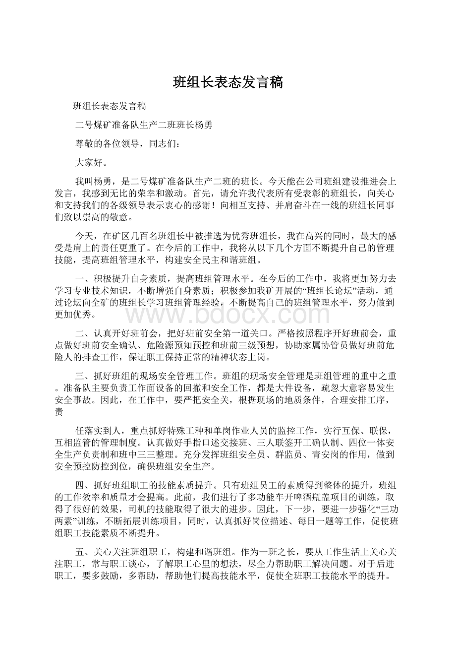 班组长表态发言稿Word文档格式.docx