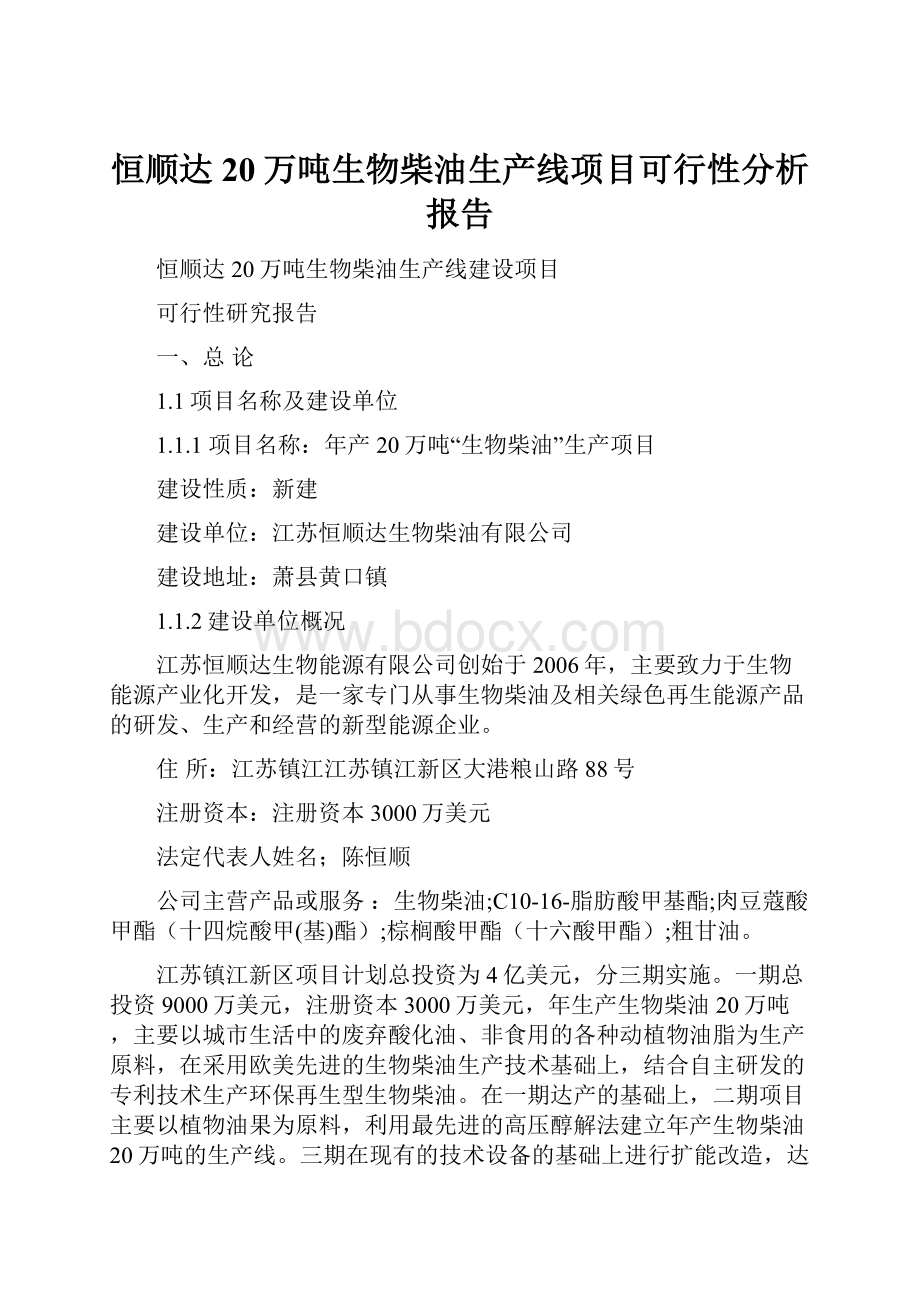 恒顺达20万吨生物柴油生产线项目可行性分析报告Word文档格式.docx_第1页