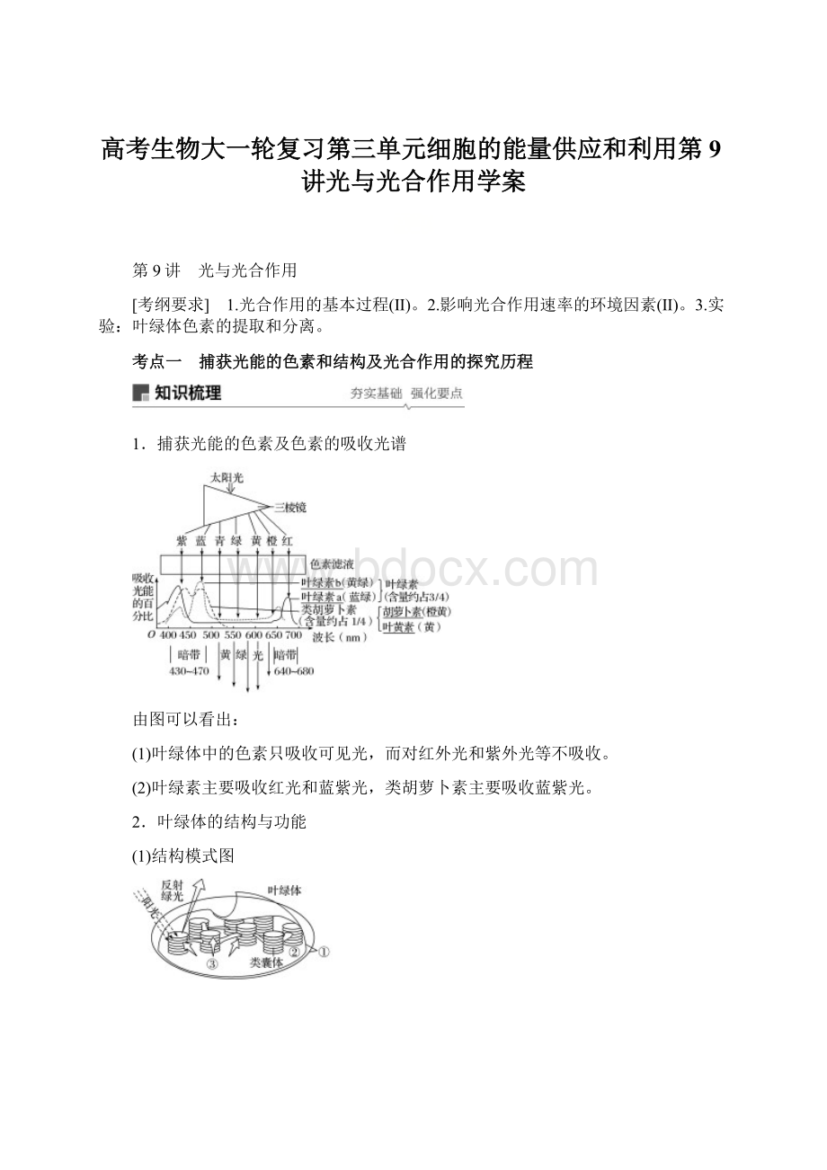 高考生物大一轮复习第三单元细胞的能量供应和利用第9讲光与光合作用学案Word格式.docx