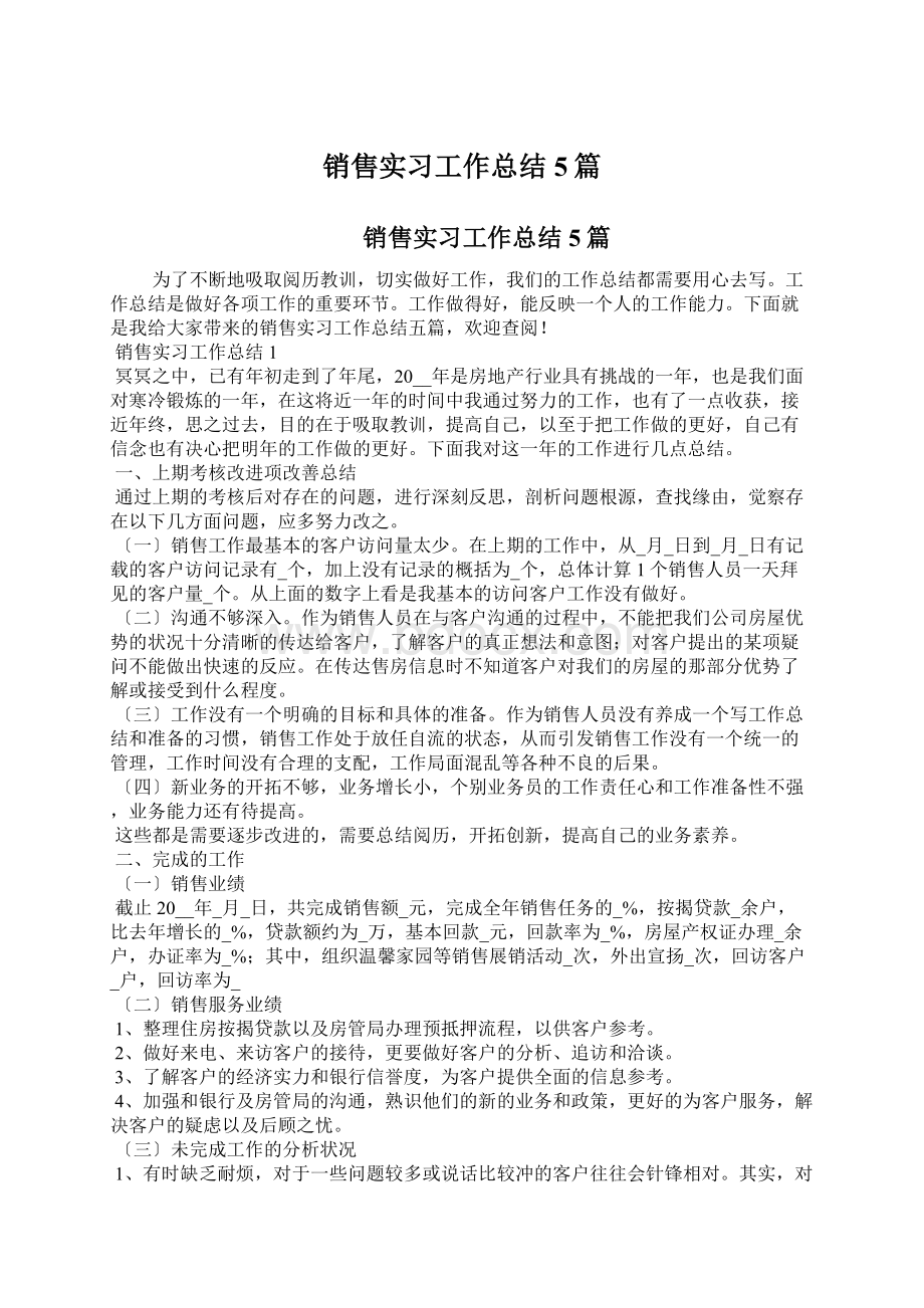 销售实习工作总结5篇Word文档格式.docx