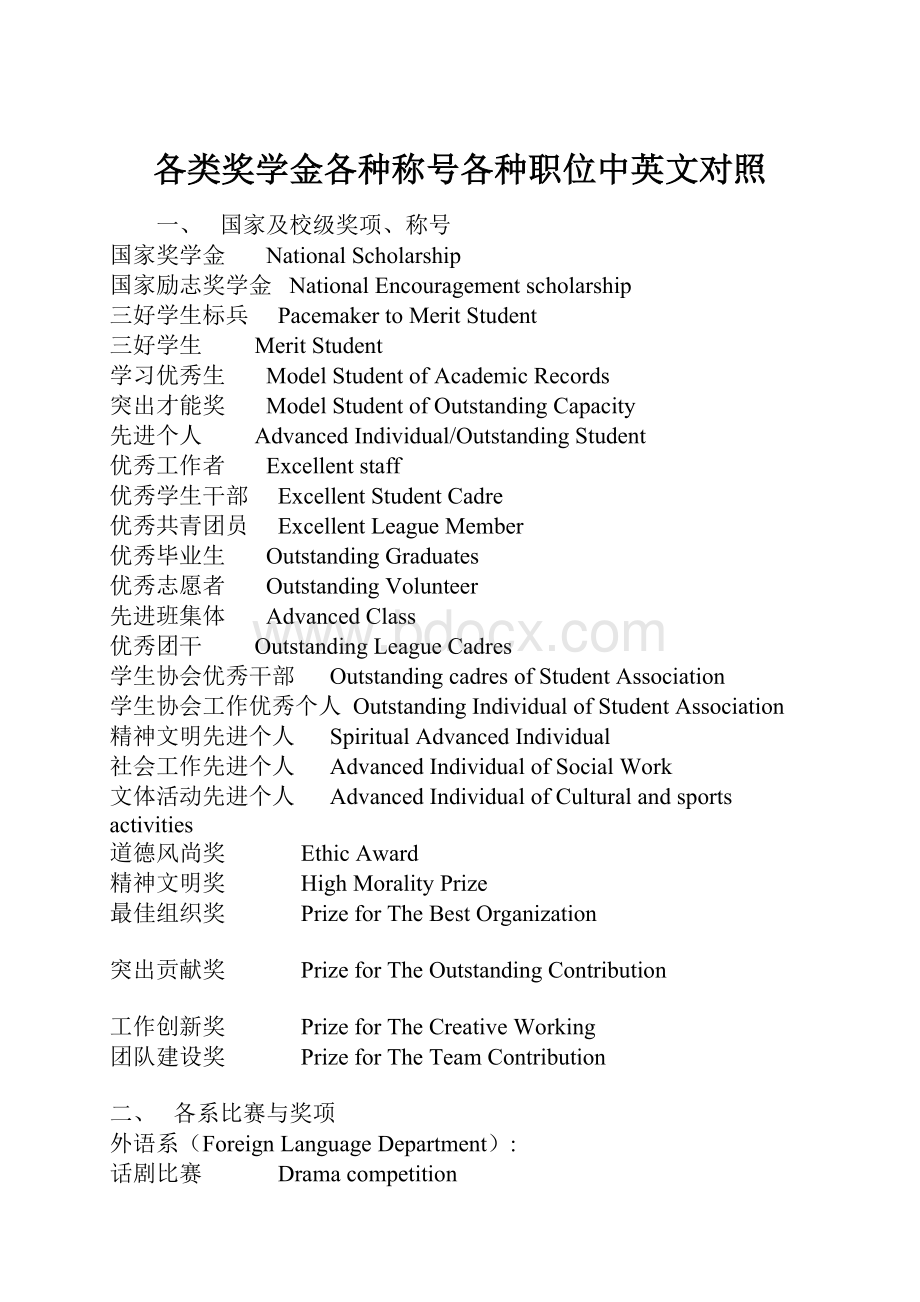 各类奖学金各种称号各种职位中英文对照Word格式文档下载.docx