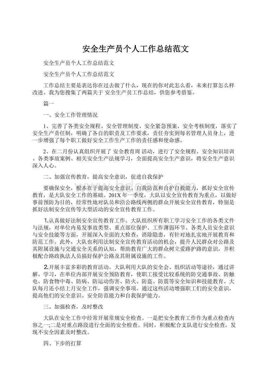 安全生产员个人工作总结范文Word格式文档下载.docx