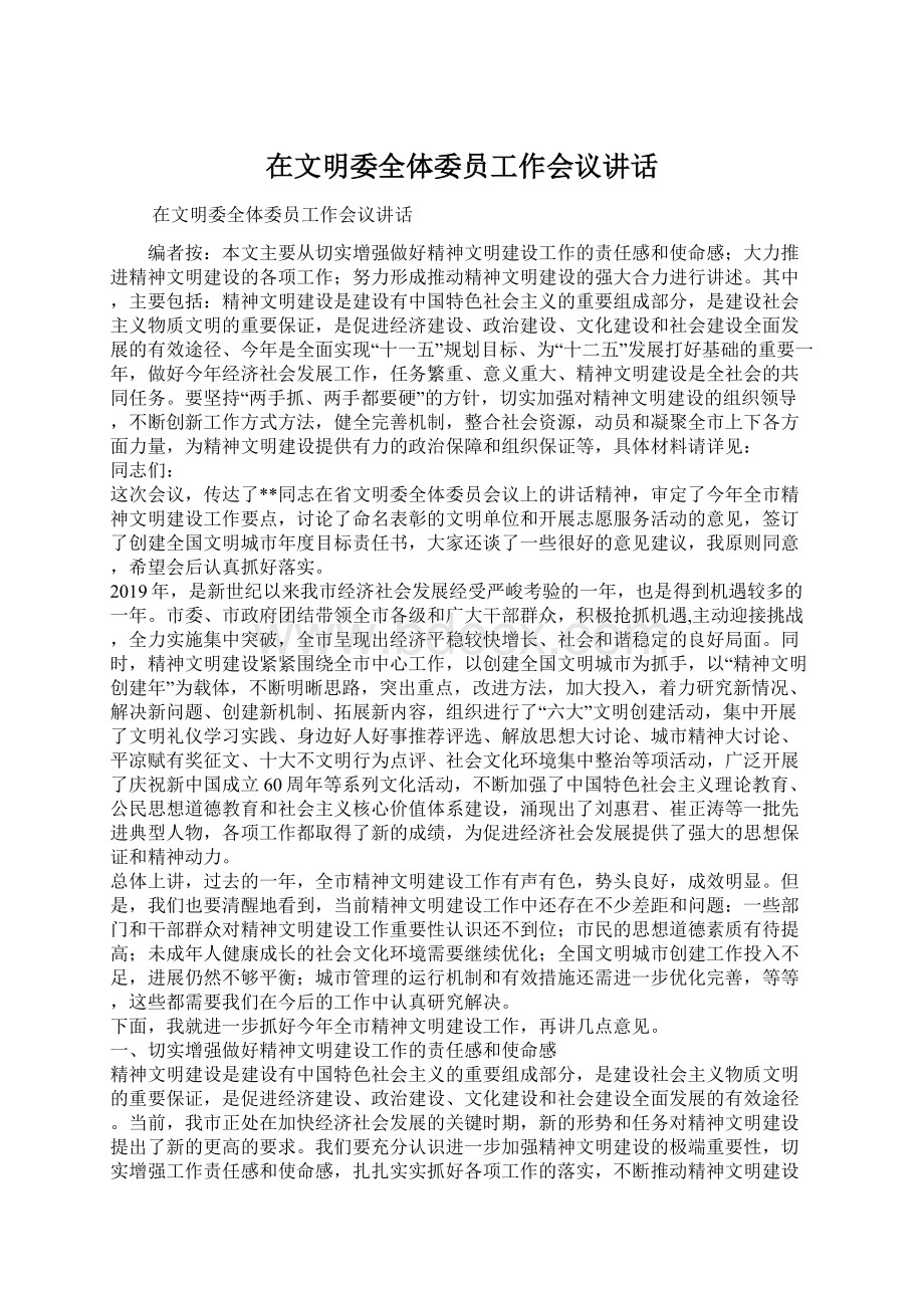 在文明委全体委员工作会议讲话.docx