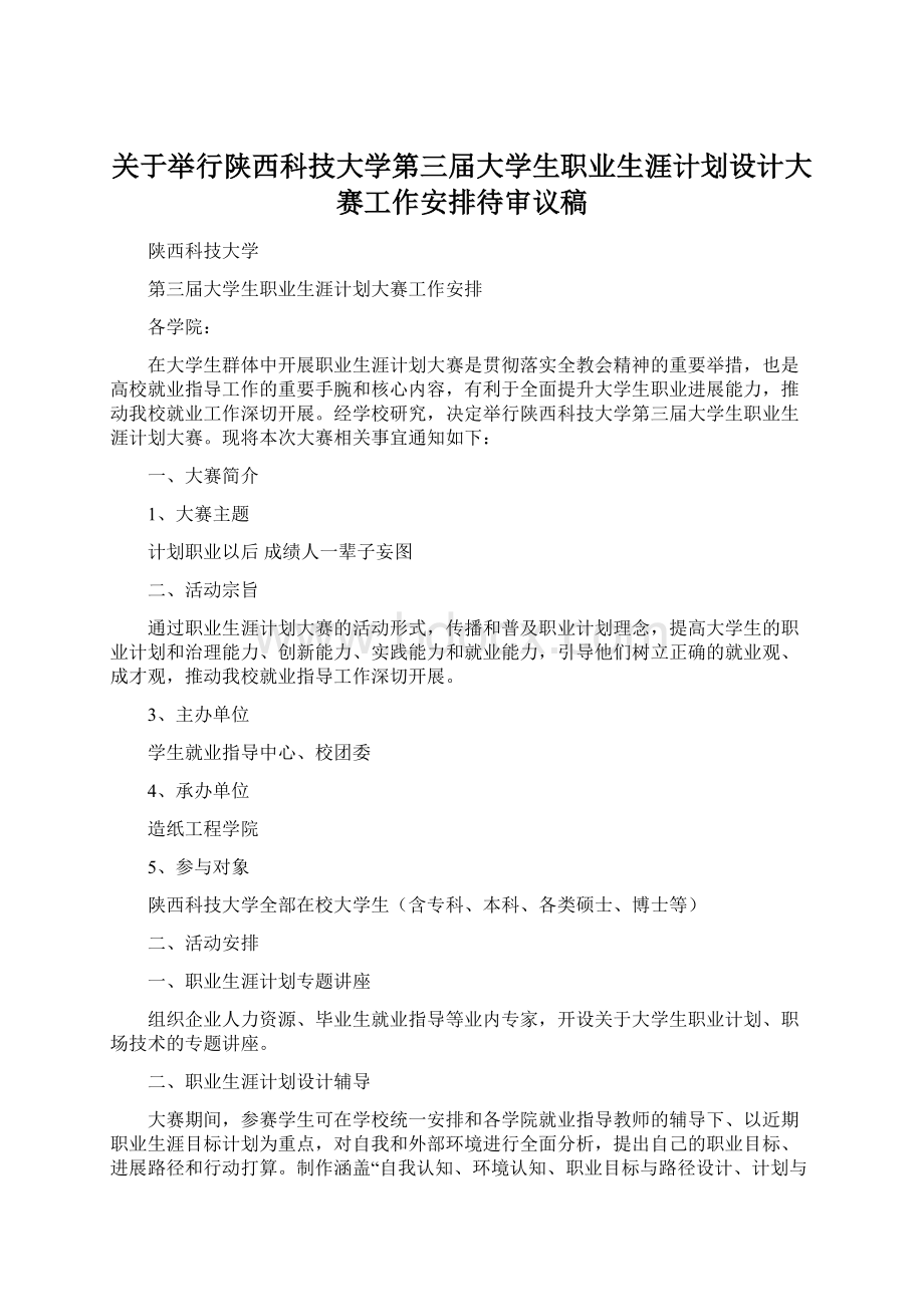 关于举行陕西科技大学第三届大学生职业生涯计划设计大赛工作安排待审议稿.docx_第1页