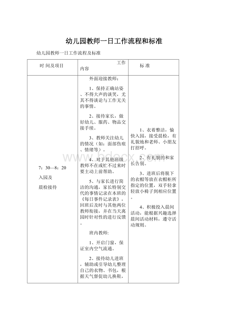 幼儿园教师一日工作流程和标准Word下载.docx