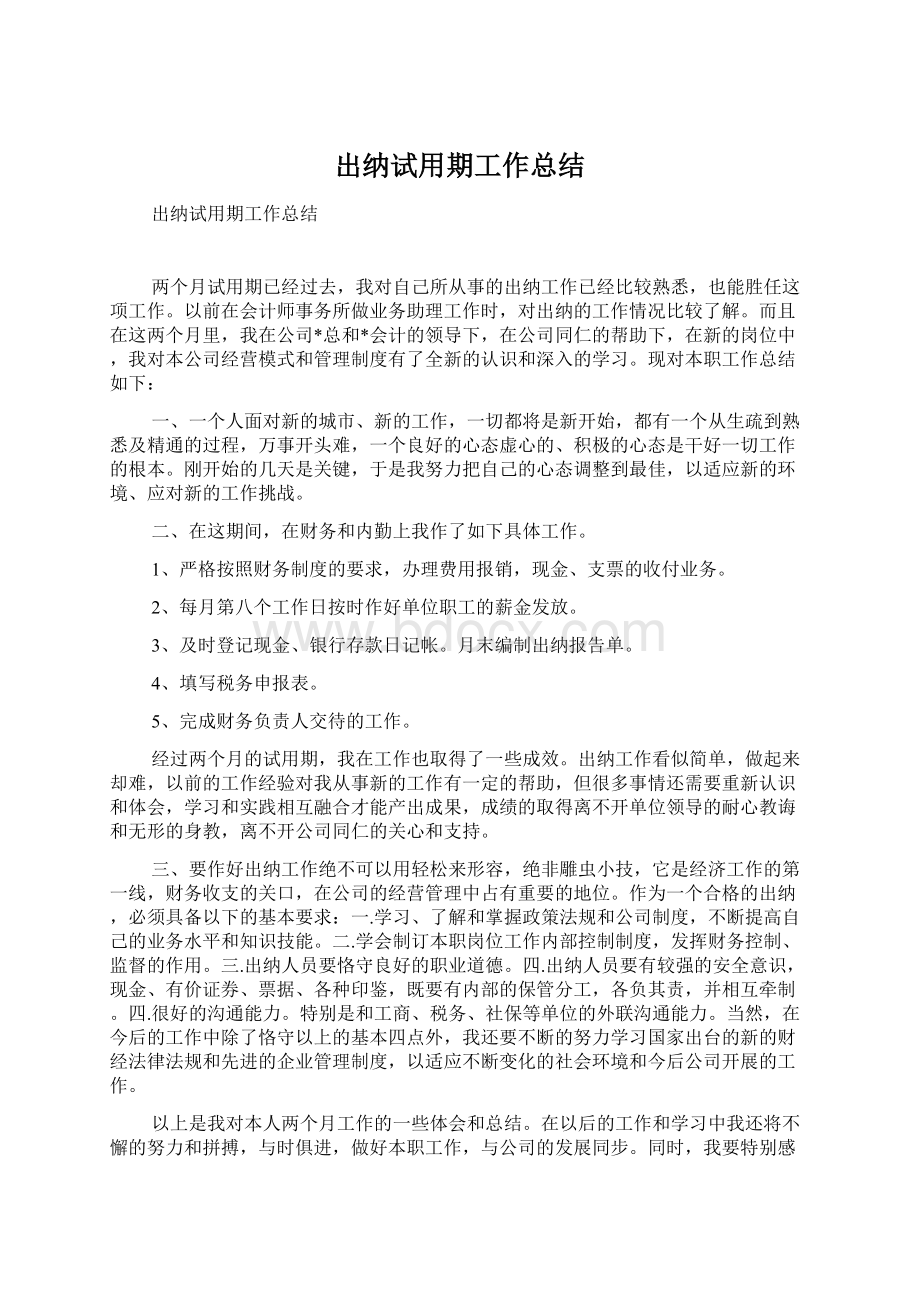 出纳试用期工作总结Word格式.docx