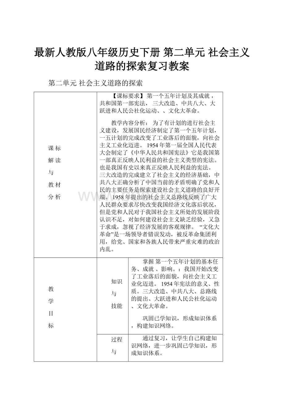 最新人教版八年级历史下册 第二单元 社会主义道路的探索复习教案文档格式.docx_第1页