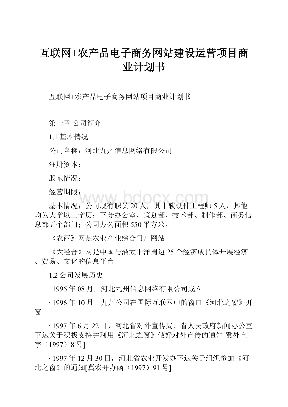 互联网+农产品电子商务网站建设运营项目商业计划书Word格式文档下载.docx