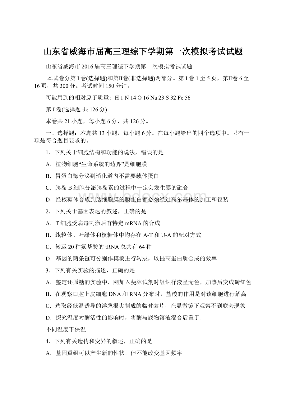 山东省威海市届高三理综下学期第一次模拟考试试题Word格式.docx