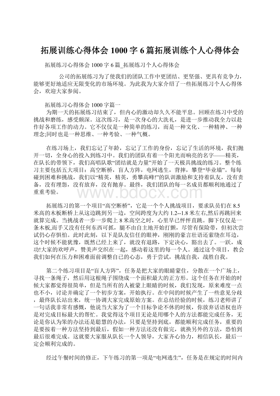 拓展训练心得体会1000字6篇拓展训练个人心得体会.docx