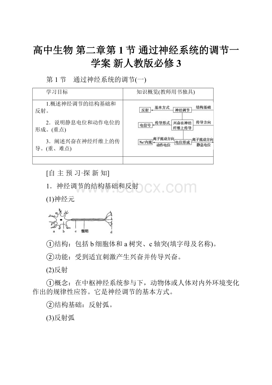 高中生物 第二章第1节 通过神经系统的调节一学案 新人教版必修3文档格式.docx