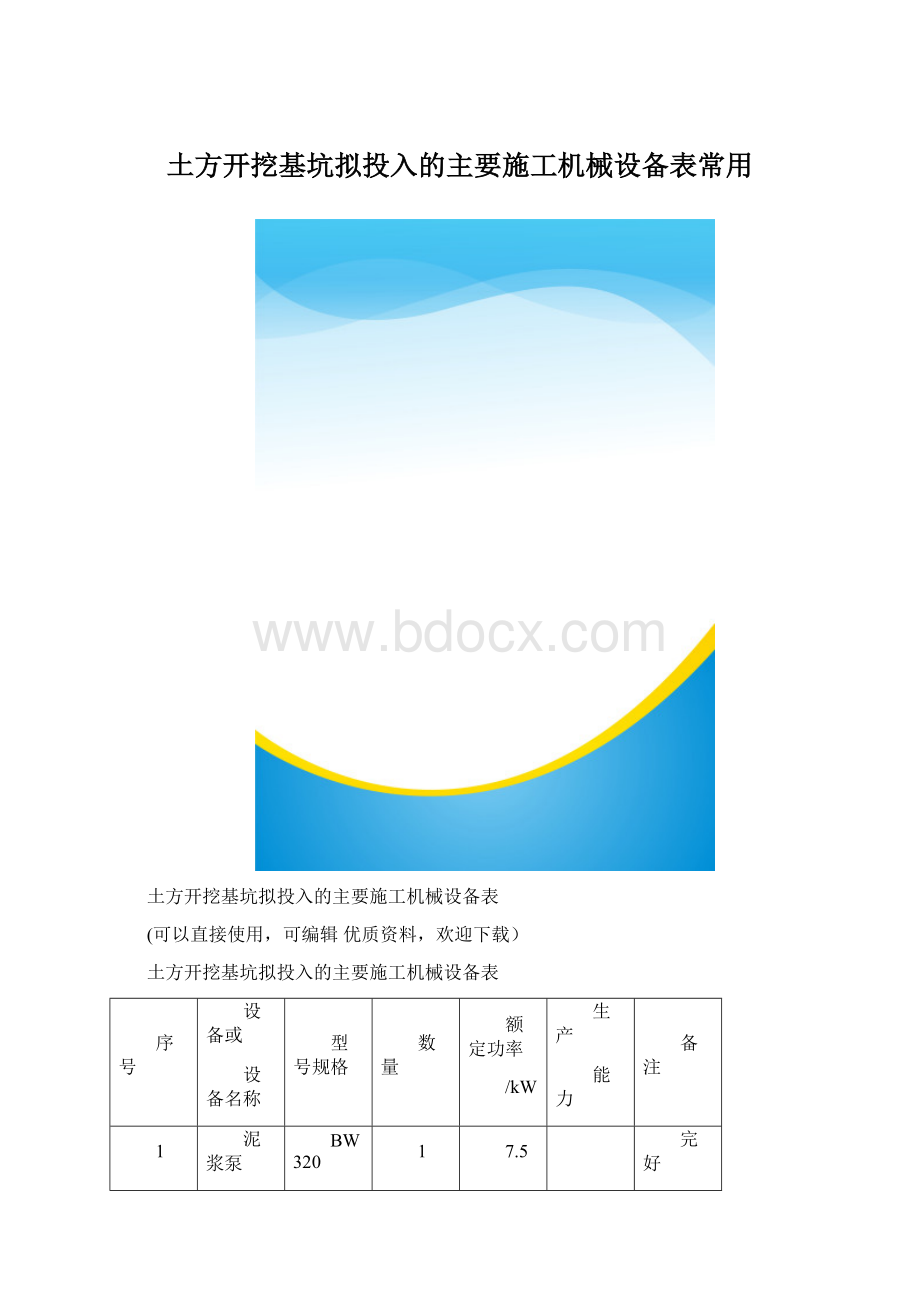 土方开挖基坑拟投入的主要施工机械设备表常用Word文档格式.docx_第1页