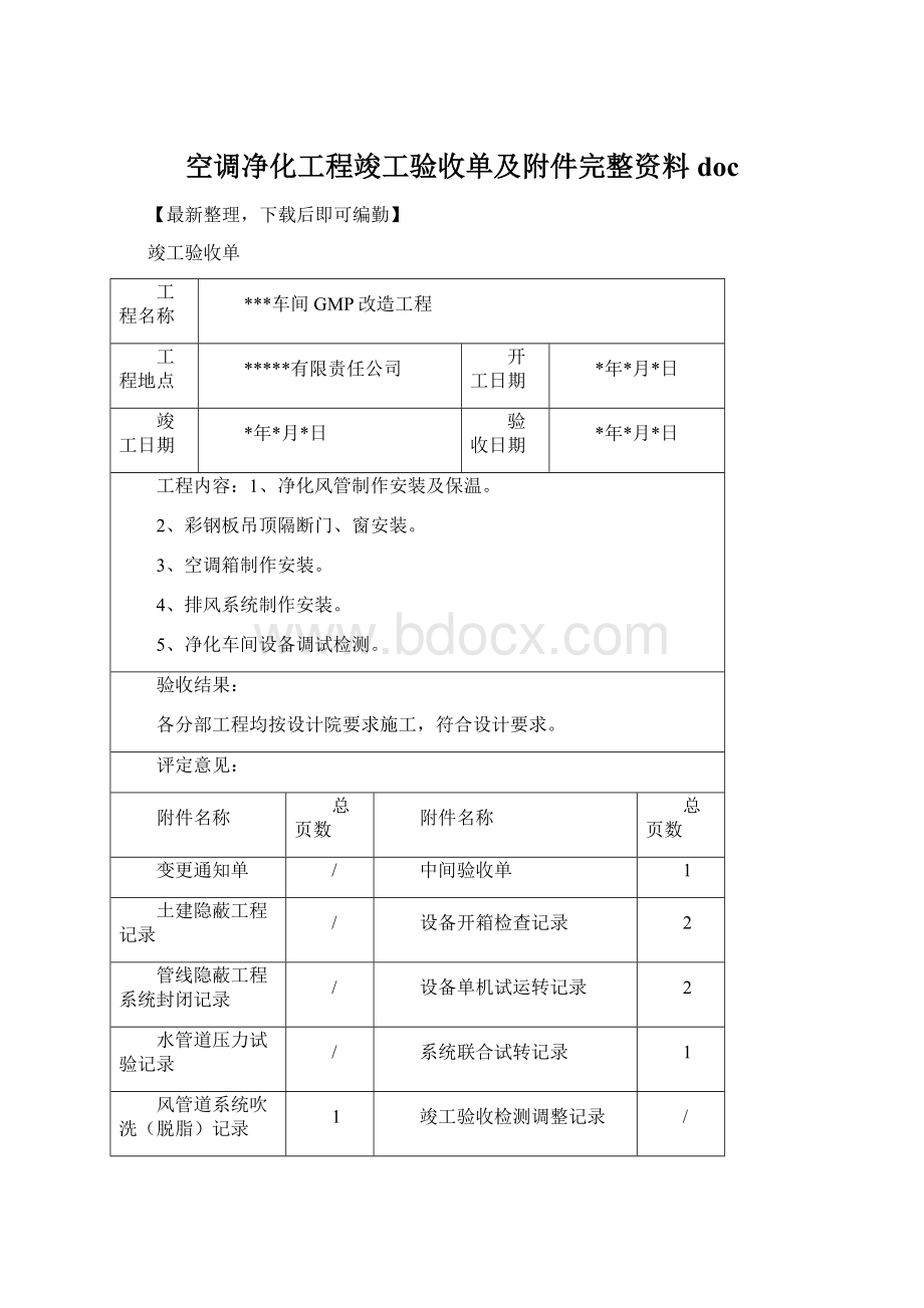 空调净化工程竣工验收单及附件完整资料docWord下载.docx_第1页