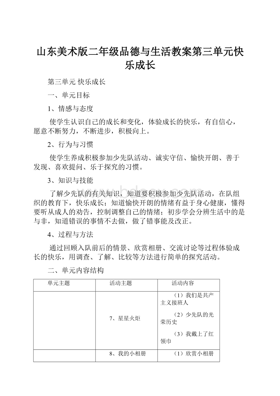 山东美术版二年级品德与生活教案第三单元快乐成长Word文档格式.docx_第1页