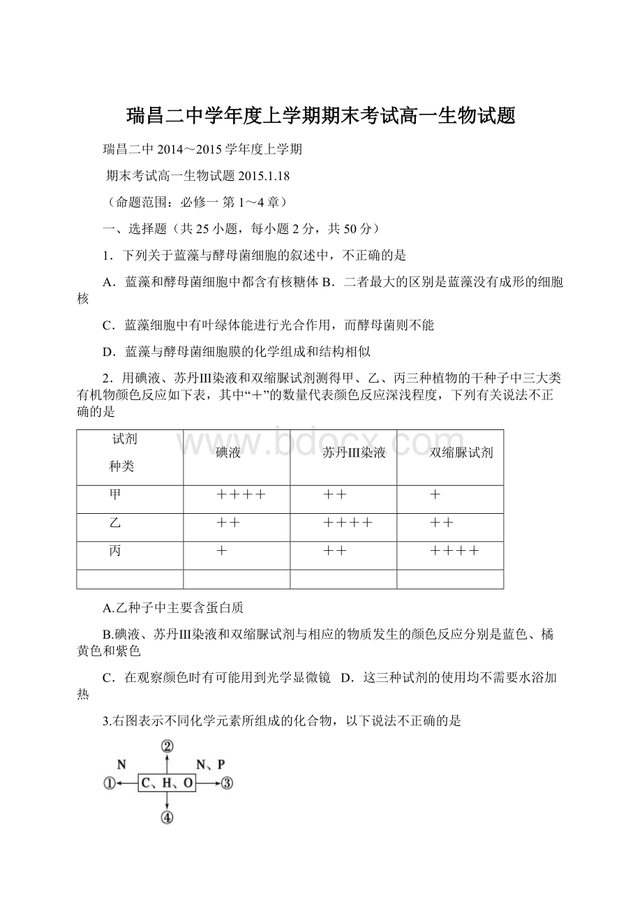 瑞昌二中学年度上学期期末考试高一生物试题.docx_第1页