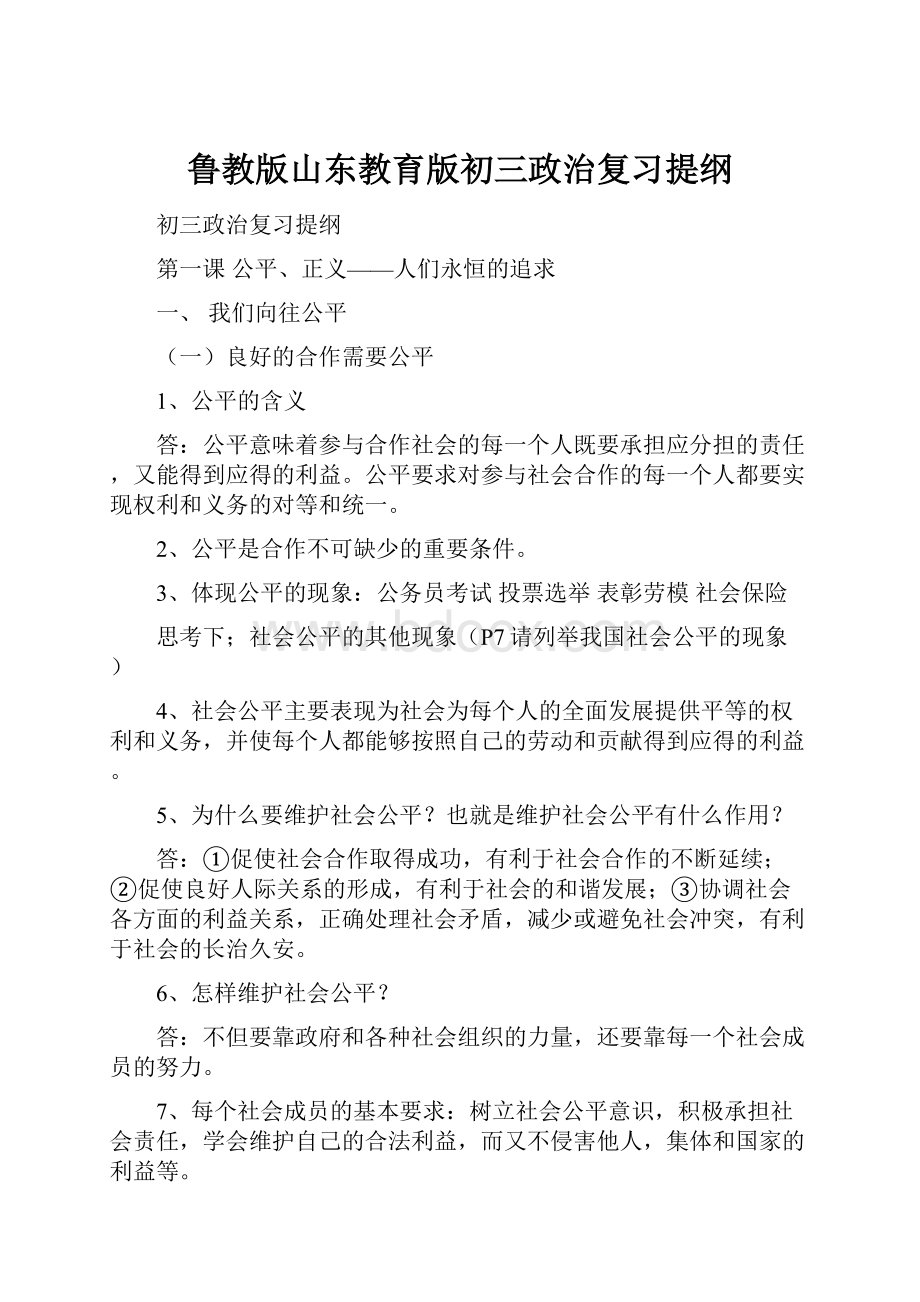 鲁教版山东教育版初三政治复习提纲.docx_第1页