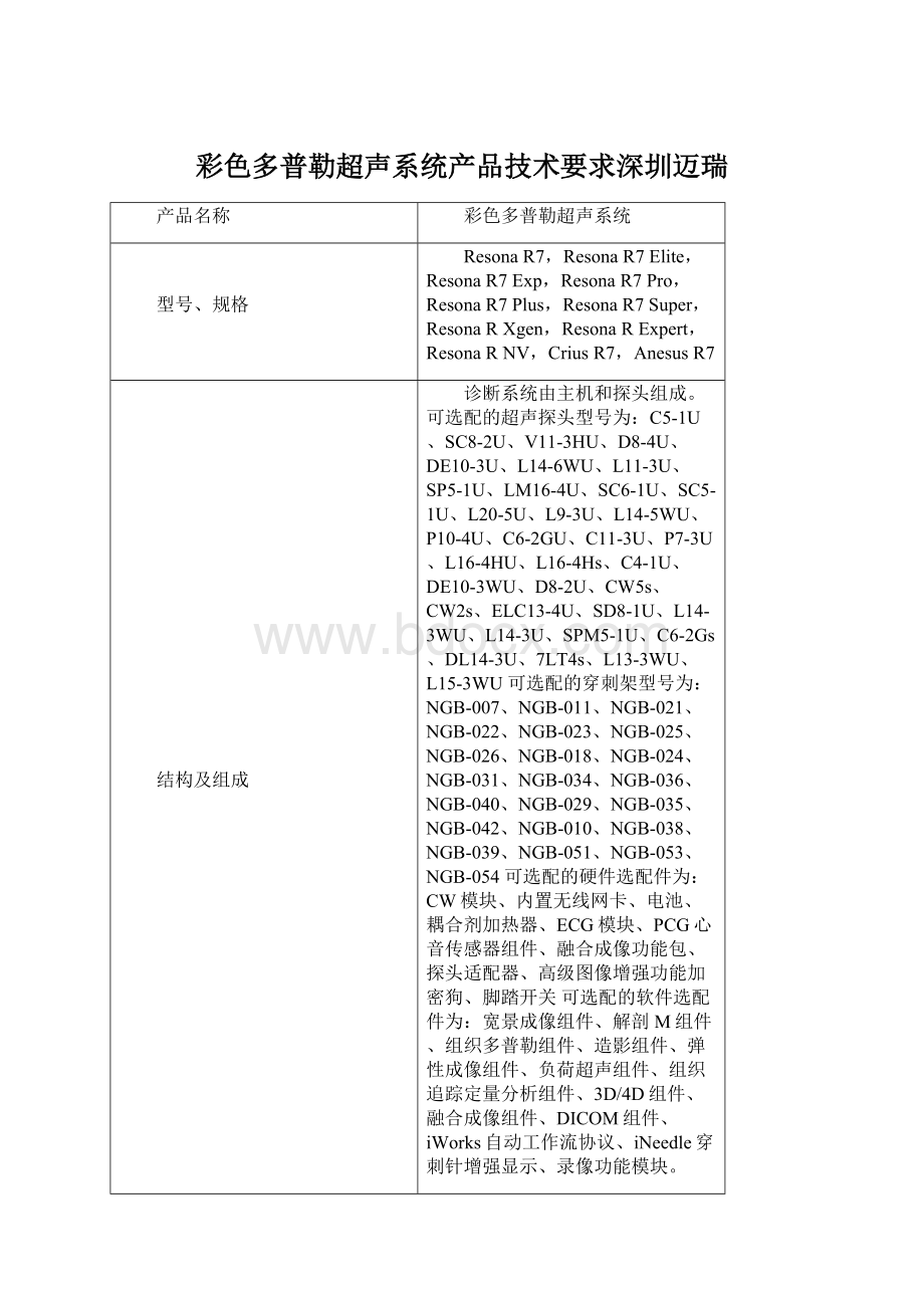 彩色多普勒超声系统产品技术要求深圳迈瑞Word文档格式.docx_第1页