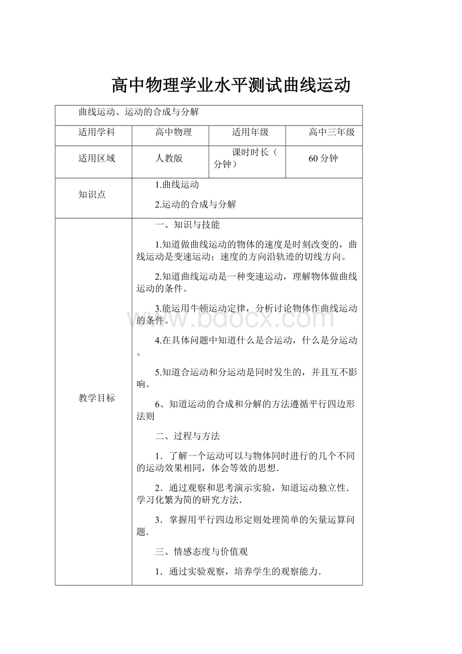 高中物理学业水平测试曲线运动Word文档下载推荐.docx_第1页