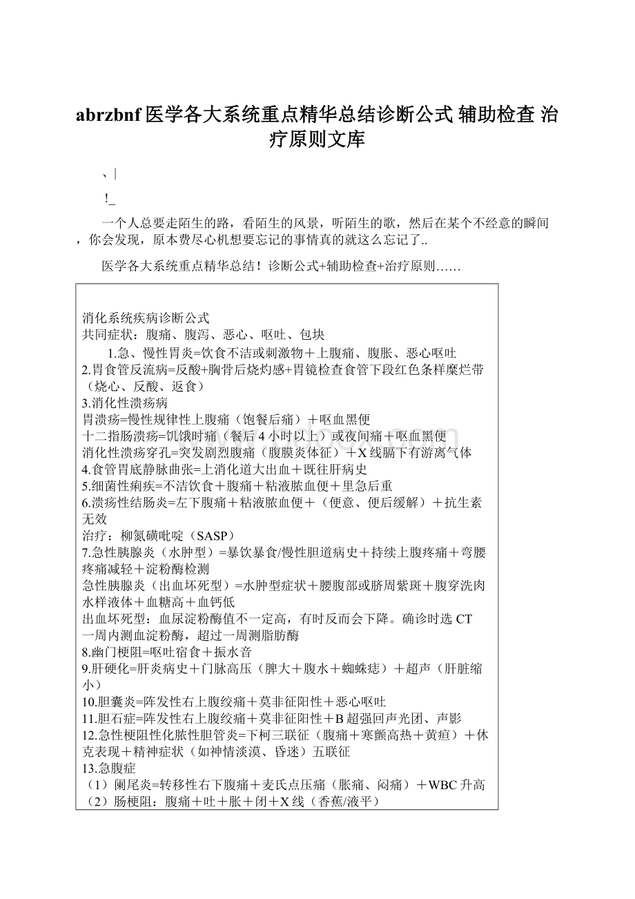 abrzbnf医学各大系统重点精华总结诊断公式 辅助检查 治疗原则文库Word格式文档下载.docx