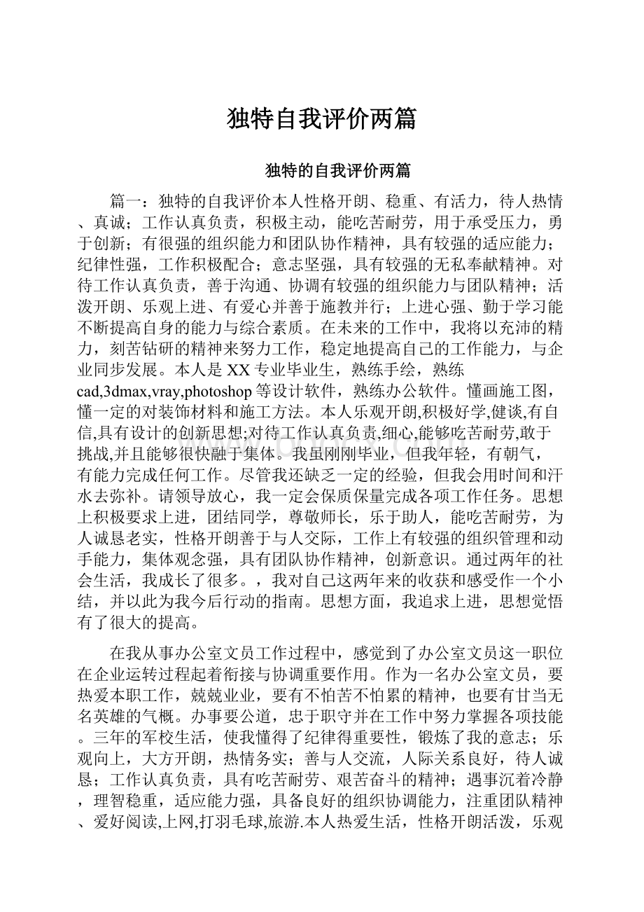 独特自我评价两篇文档格式.docx