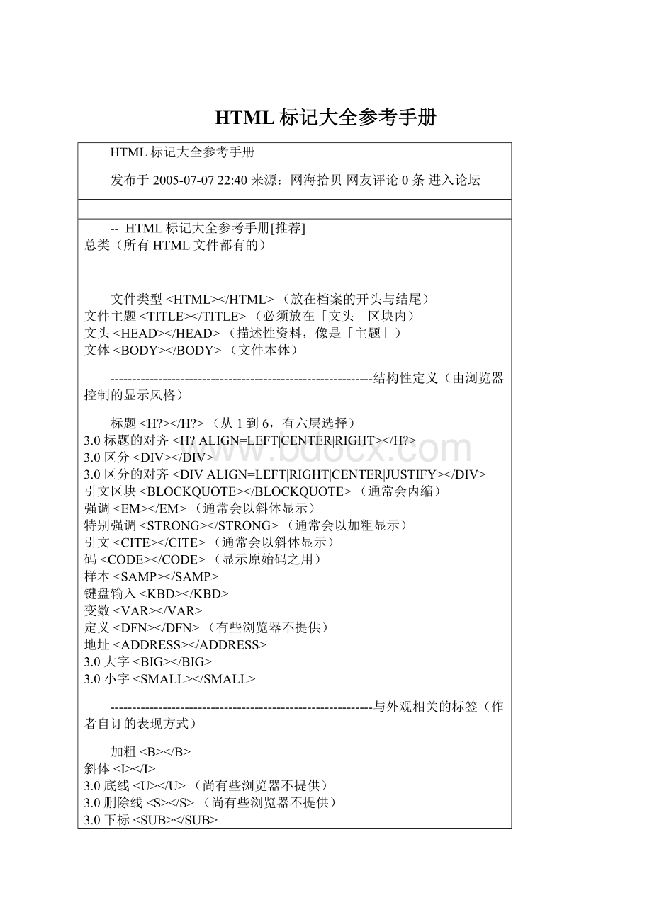 HTML标记大全参考手册Word格式.docx