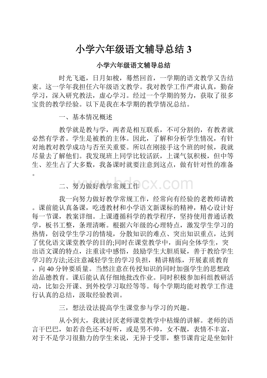 小学六年级语文辅导总结3文档格式.docx