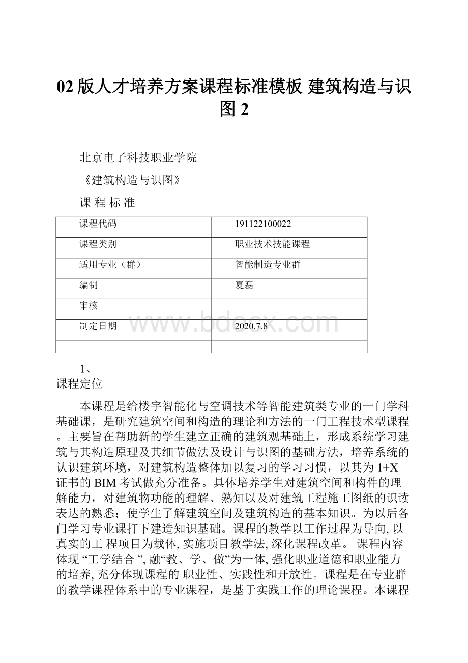 02版人才培养方案课程标准模板 建筑构造与识图2.docx