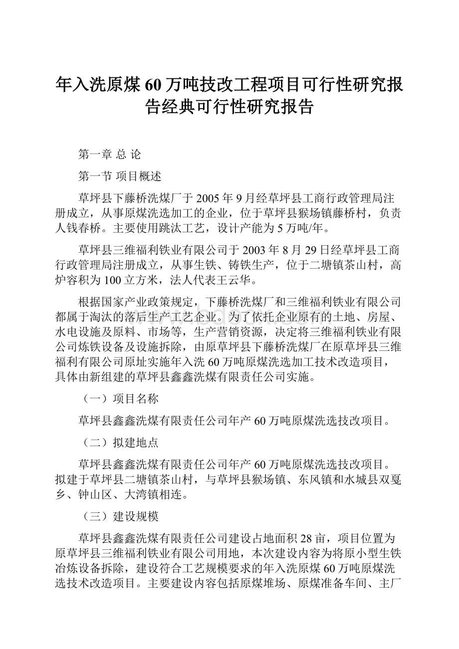 年入洗原煤60万吨技改工程项目可行性研究报告经典可行性研究报告Word文档下载推荐.docx