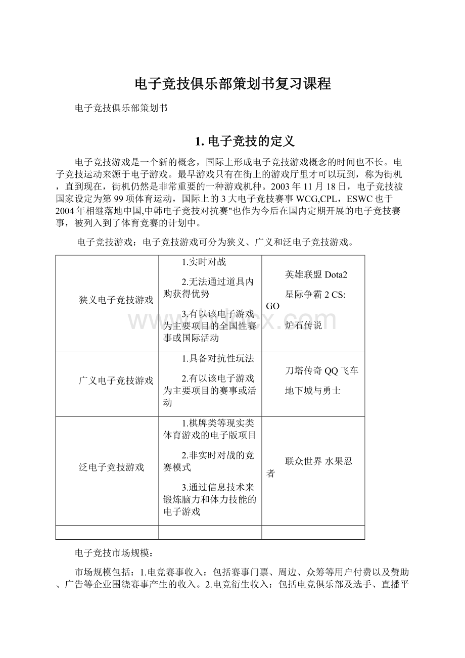 电子竞技俱乐部策划书复习课程.docx_第1页