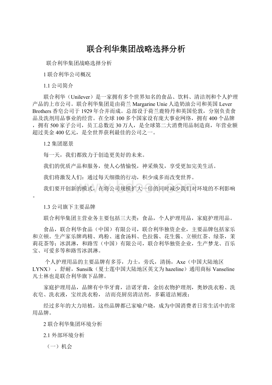 联合利华集团战略选择分析Word格式文档下载.docx_第1页