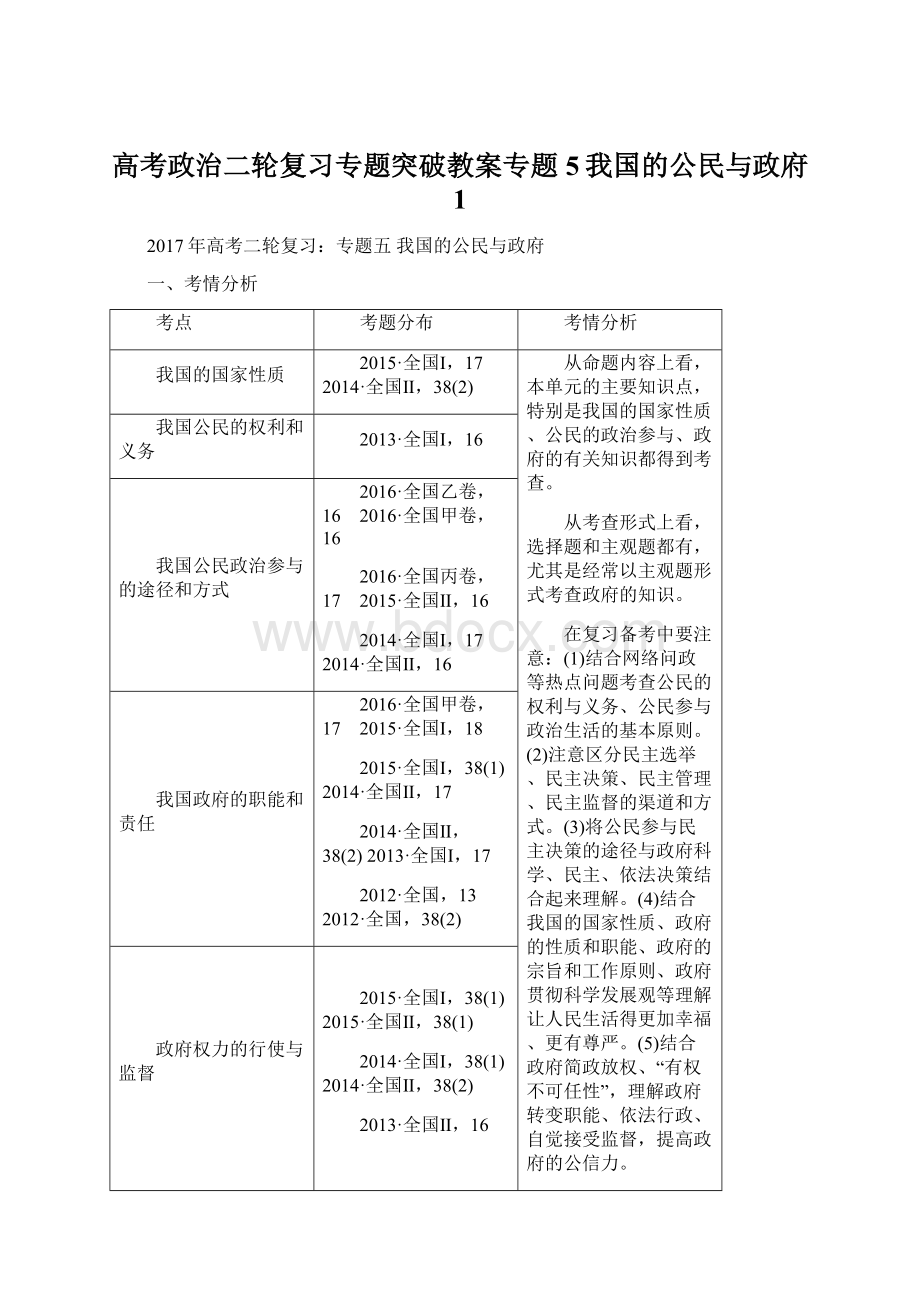 高考政治二轮复习专题突破教案专题5我国的公民与政府 1.docx_第1页