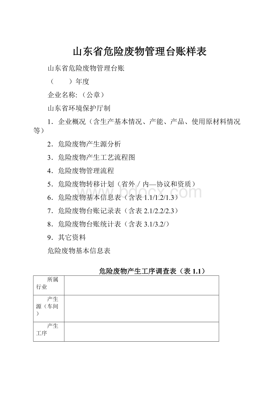 山东省危险废物管理台账样表.docx_第1页