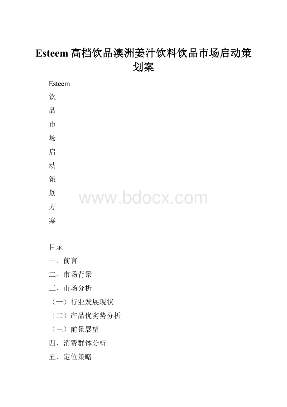 Esteem高档饮品澳洲姜汁饮料饮品市场启动策划案Word格式文档下载.docx