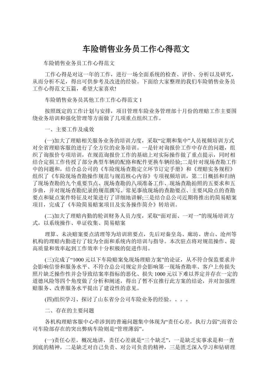 车险销售业务员工作心得范文Word下载.docx