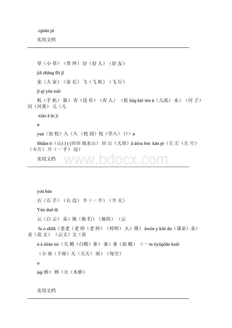 人教版小学一年级上册带拼音生字表组词生字表一.docx_第3页