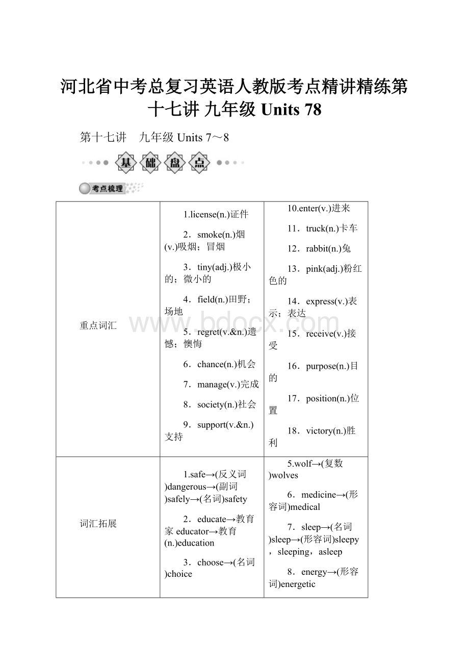 河北省中考总复习英语人教版考点精讲精练第十七讲 九年级Units 78.docx_第1页