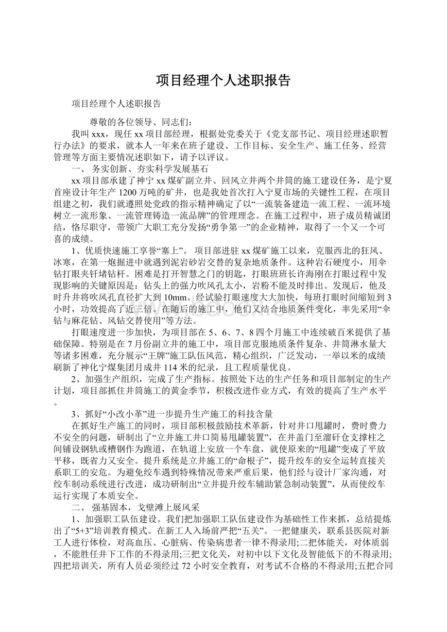 项目经理个人述职报告Word文档下载推荐.docx