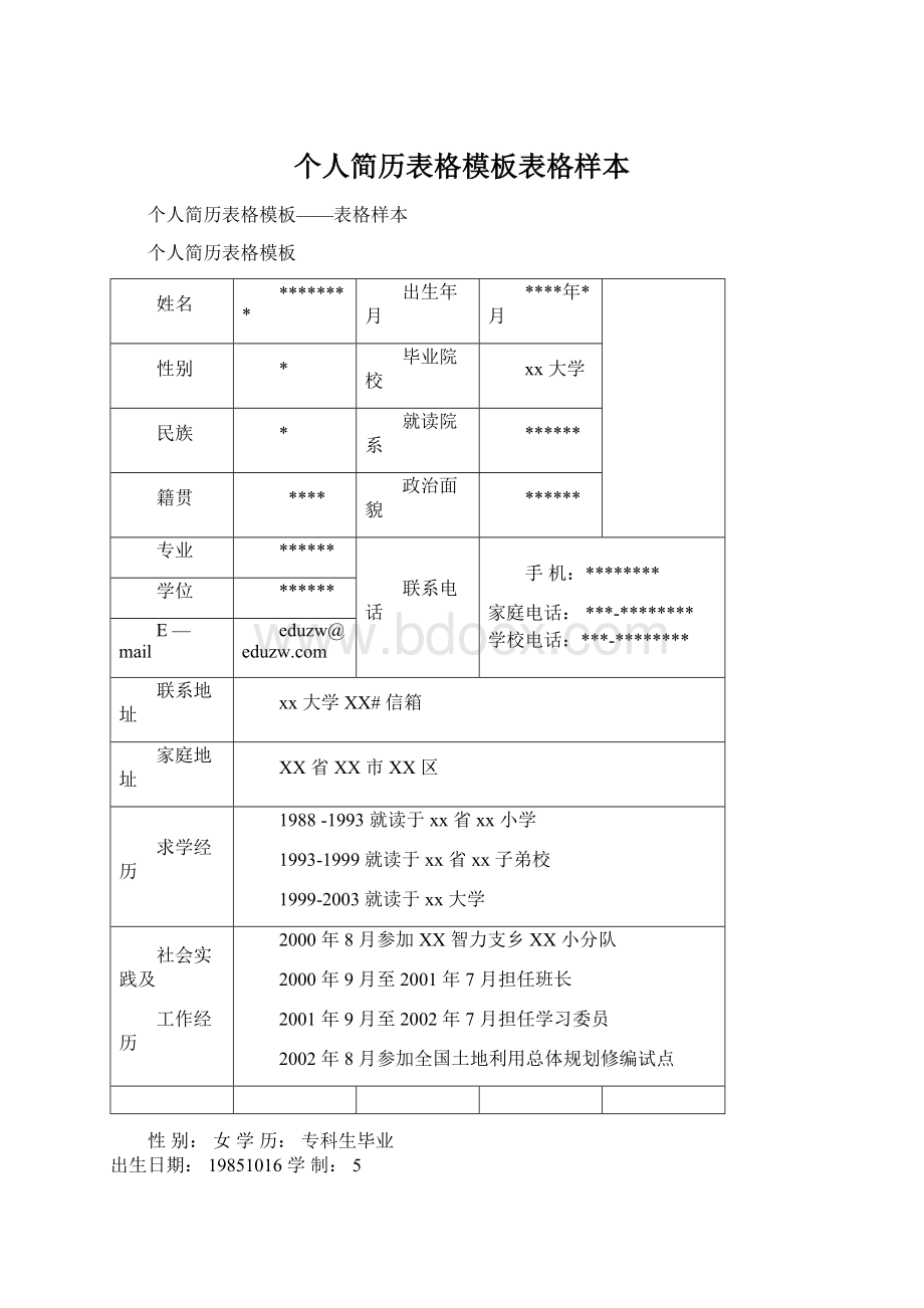 个人简历表格模板表格样本Word格式.docx_第1页