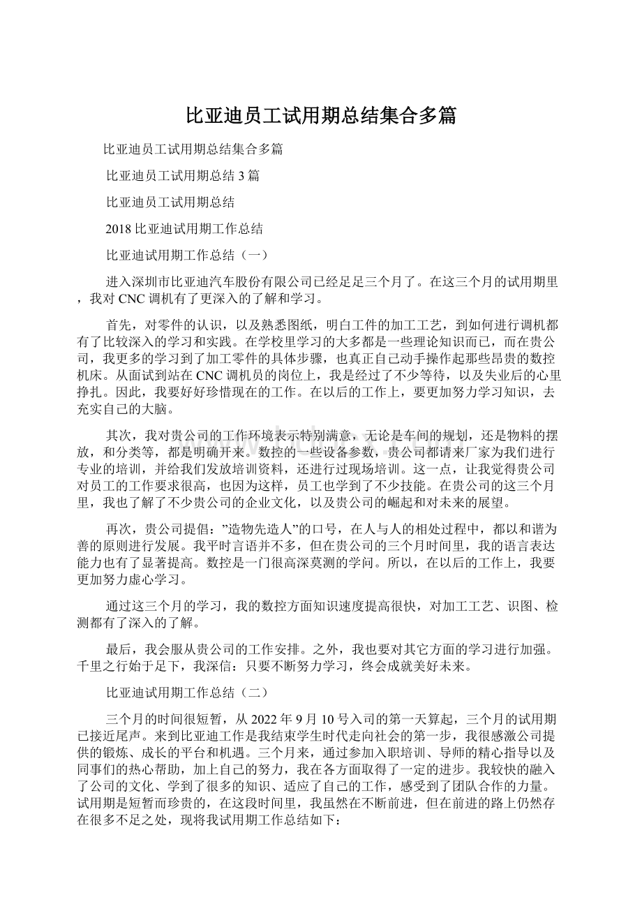 比亚迪员工试用期总结集合多篇.docx_第1页