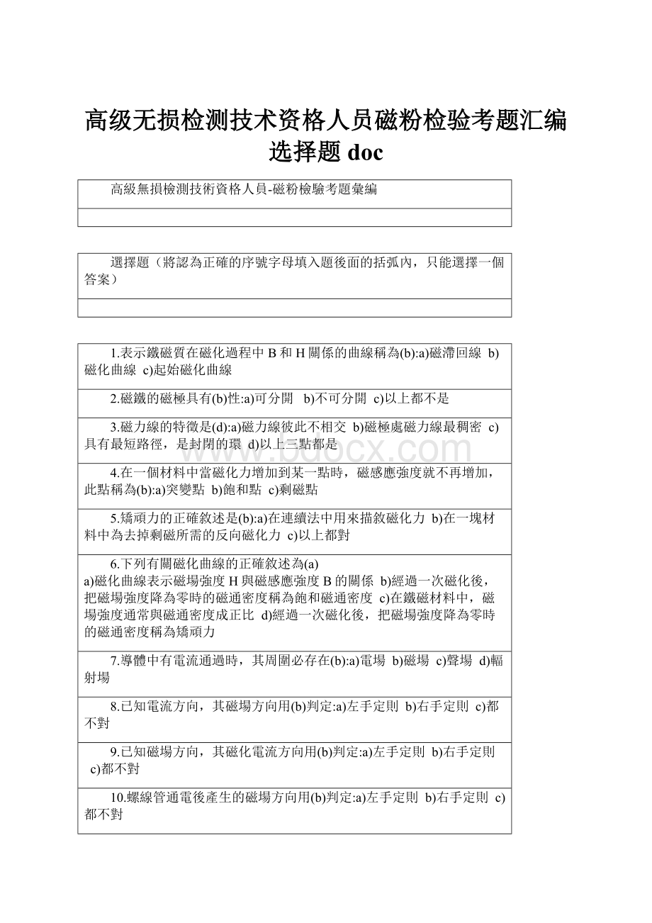 高级无损检测技术资格人员磁粉检验考题汇编选择题doc.docx