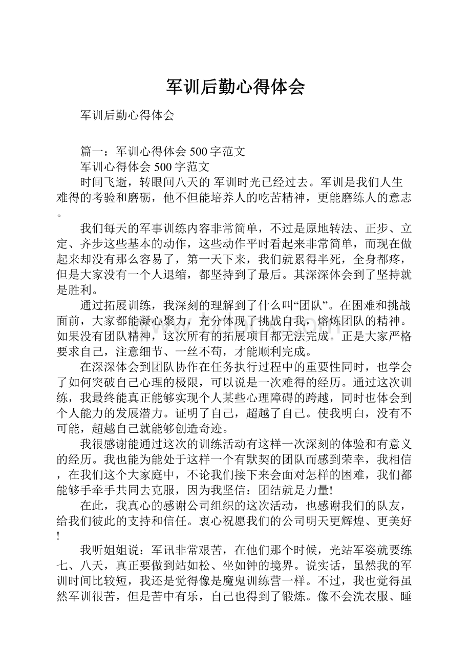 军训后勤心得体会Word格式文档下载.docx