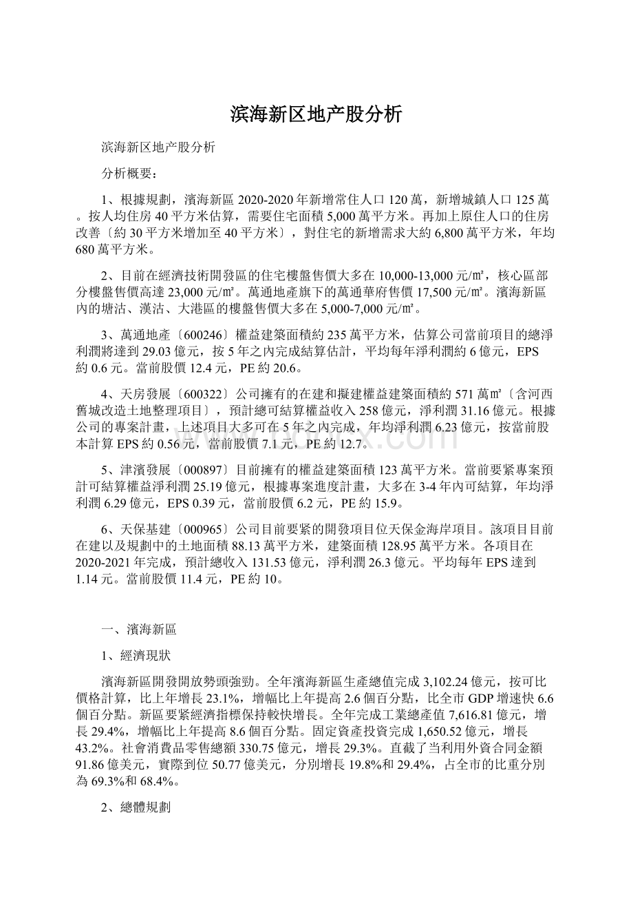 滨海新区地产股分析Word格式.docx