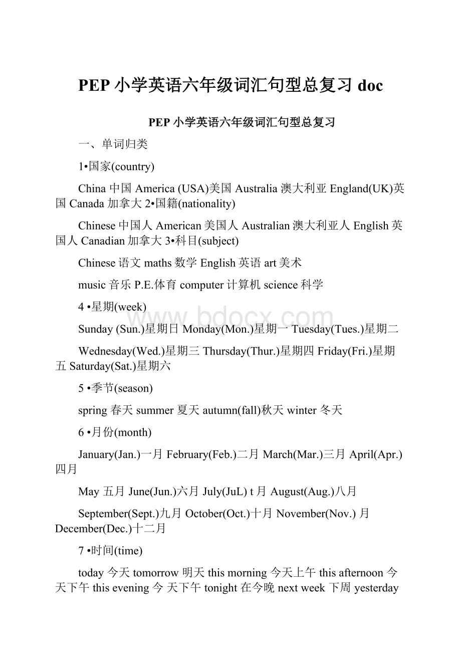 PEP小学英语六年级词汇句型总复习docWord文件下载.docx_第1页