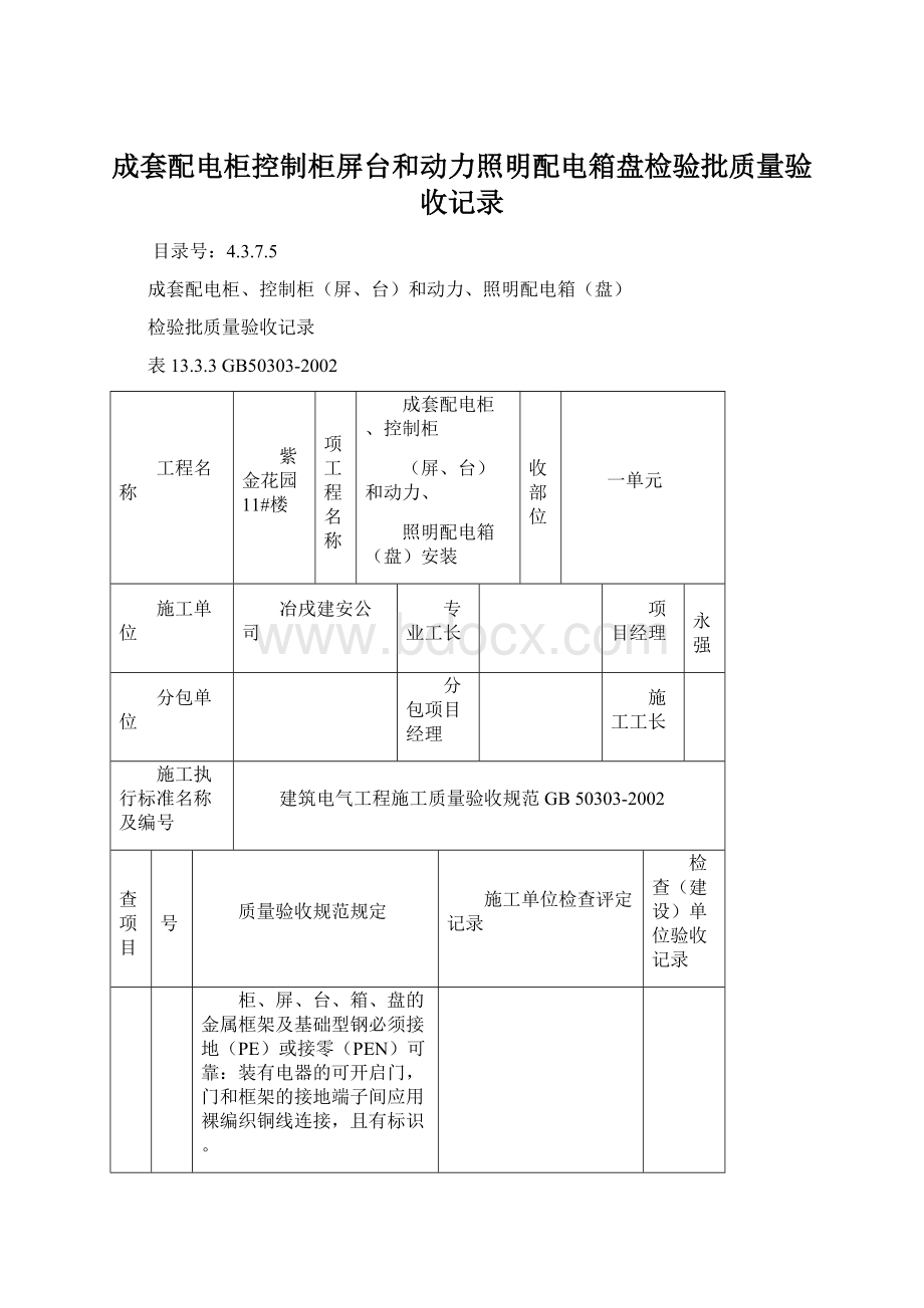 成套配电柜控制柜屏台和动力照明配电箱盘检验批质量验收记录.docx_第1页