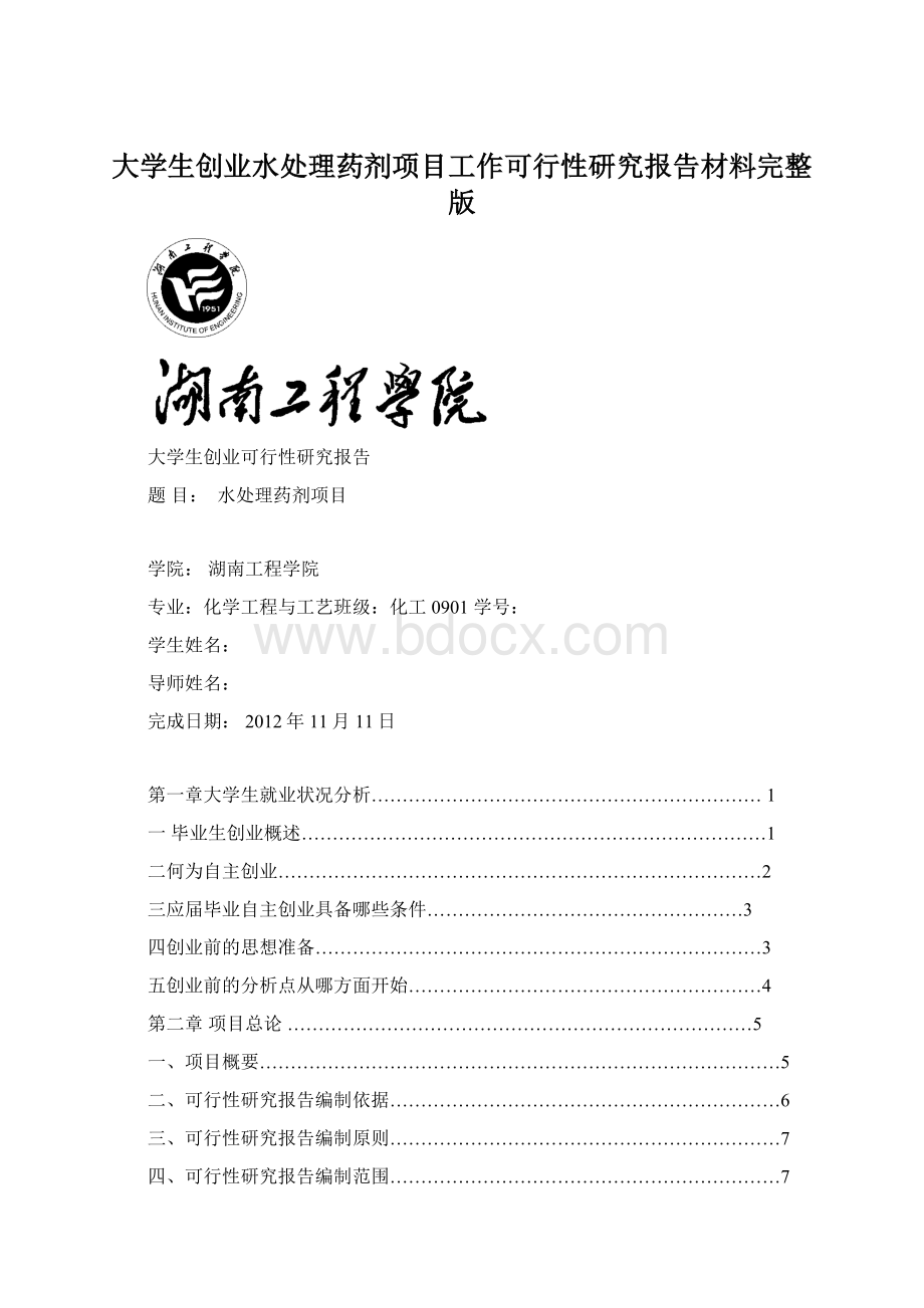 大学生创业水处理药剂项目工作可行性研究报告材料完整版.docx