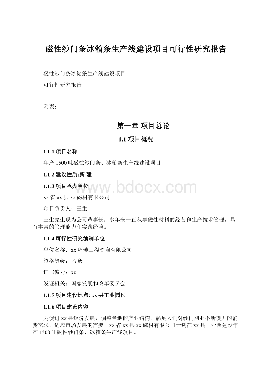 磁性纱门条冰箱条生产线建设项目可行性研究报告.docx_第1页