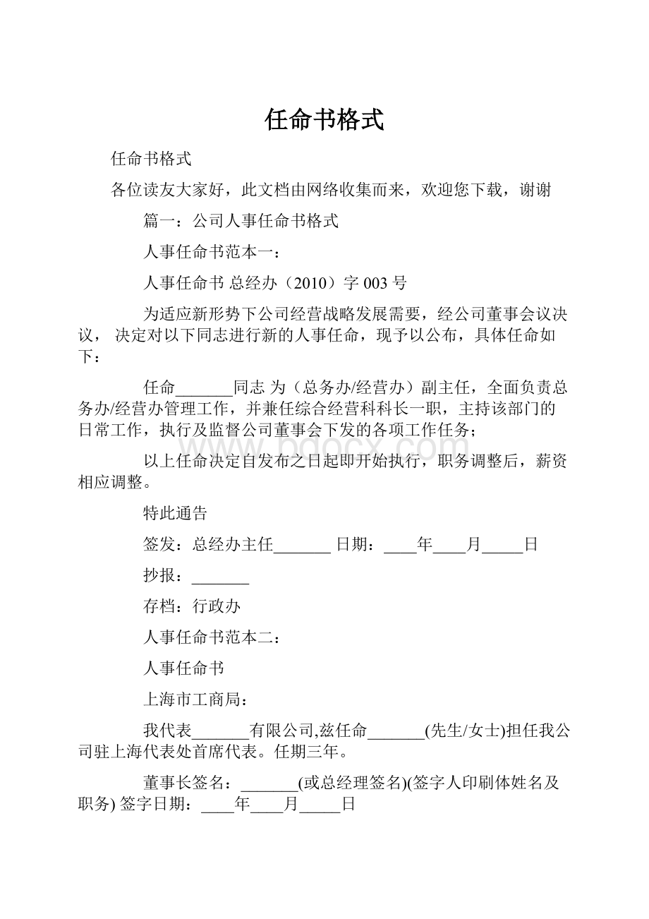 任命书格式Word格式文档下载.docx